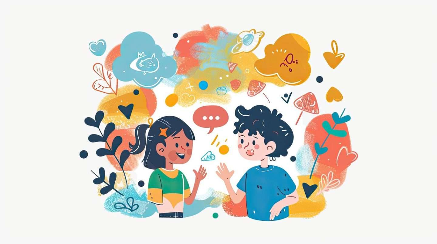 Two children practicing their communication through an SEL activity.